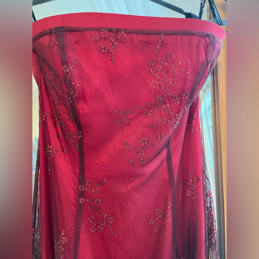 Strapless Red Evening Gown with Glitter Overlay - Picture 4 of 5